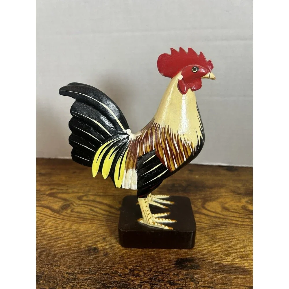 Vintage Hand Carved Wooden Rooster Statue Folk Art Farmhouse Home Decor Display